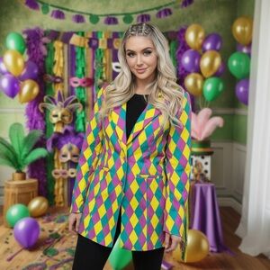 BiBi MARDI GRAS SHOW STOPPING DIAMOND PATTERN FRINGED SINGLE BLAZER